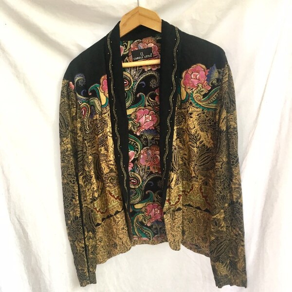 Vintage Boho Jacket Black Floral with Embroidery L