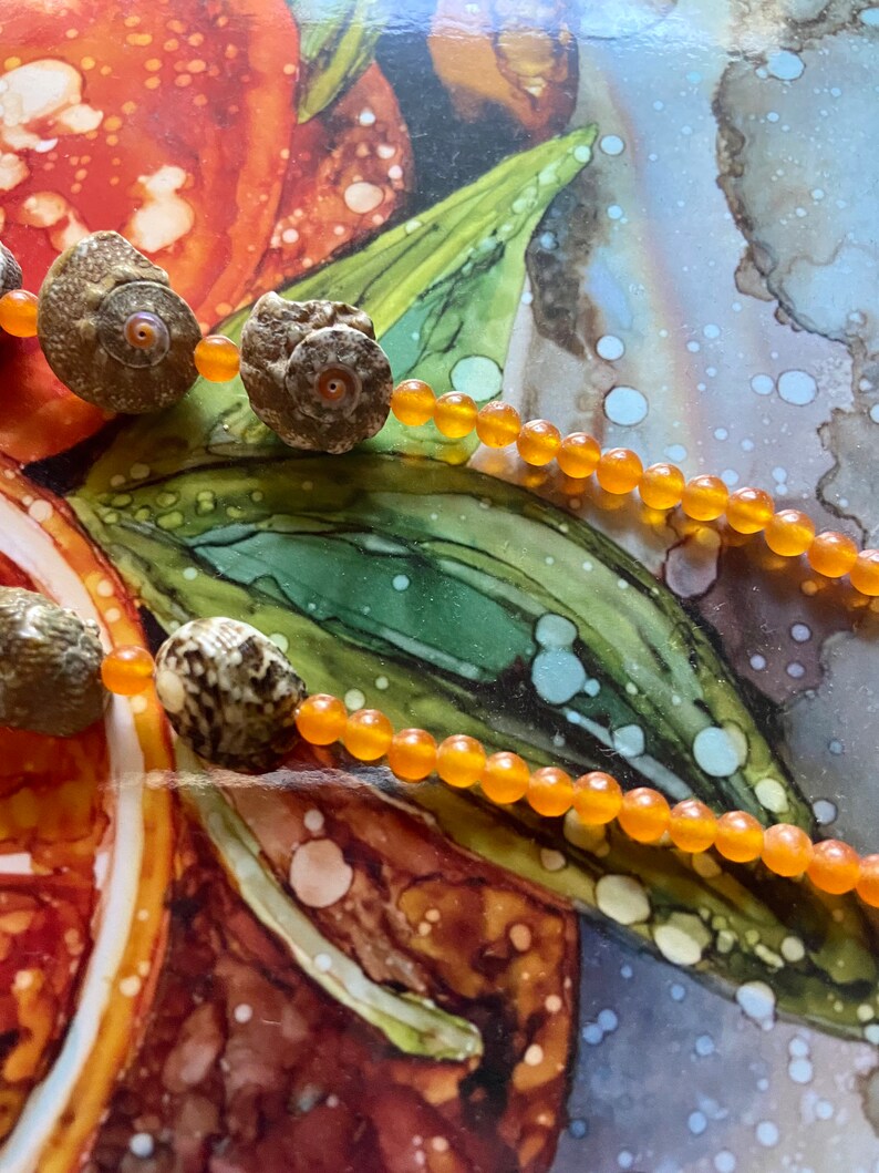 Beachy Natural Shell Necklace with Orange Jade Beads image 5