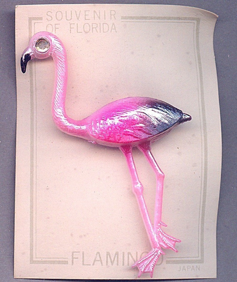 Vintage 1950s Celluloid PINK FLAMINGO Pin on Florida Card image 1