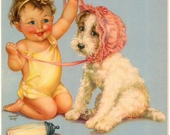 Old Orig. c1940 CHARLOTTE BECKER Baby and Dog Litho Print