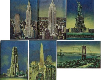 6 Art Deco 1938 New York City METALITE Postcards