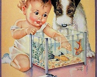 Old Orig. c1940 CHARLOTTE BECKER Baby w/ Dog Litho Print