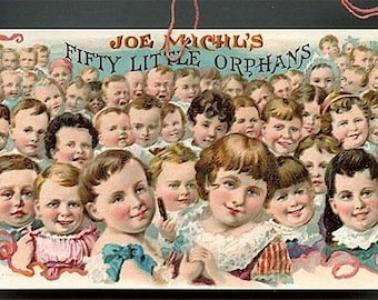 Victorian c1910 FIFTY LITTLE ORPHANS Cigar Fan Pull Tradecard