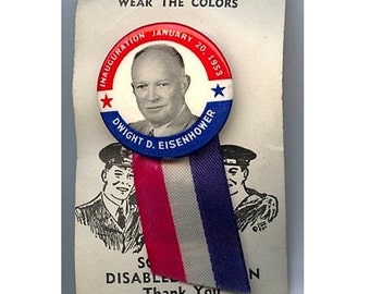 Original 1953 President Eisenhower Inauguration Pin on Veteran Card