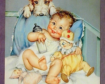 Old Orig. c1940 CHARLOTTE BECKER Baby - Dog - Doll Litho Print