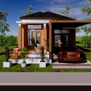 May include: A modern, single-storey house with a wooden exterior and a carport. The house has a large front porch with a wooden pergola and a small patio with a table and chairs. There are several orange trees in the garden.