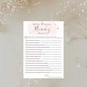 Wie kent mama het beste? Spelkaarten babyshower | Leuke babyshoweractiviteit | Gedrukt raadspel voor gasten | Kant-en-klare kaarten