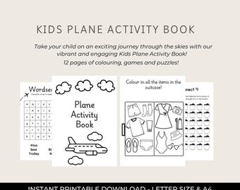 May include: A black and white printable activity book for kids featuring a plane, a suitcase, and a word search puzzle. The book is titled "Plane Activity Book".