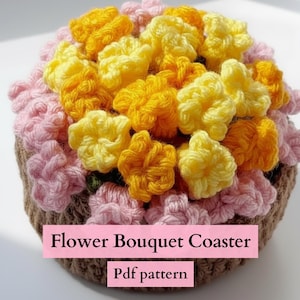 Crochet Pattern Flower Pot, Flower Bouquet Coaster set, Instant Digital Download PDF