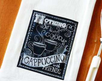 Chalkboard Cappuccino Tea Towel, Coffee Flour Sack Dish Towel, Applique Kitchen Towel, Chalkboard Tea Towel, Coffee Lover Gift