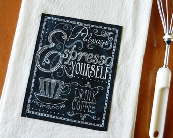 Chalkboard Espresso Tea Towel, Flour Sack Dish Towel, Applique Kitchen Towel, Coffee Theme Kitchen, Chalkboard Tea Towel, Coffee Lover Gift