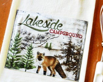 Fox Tea Towel, Fox Flour Sack Dish Towel, Applique Kitchen Towel, North Woods Rustic Lodge Cabin Decor, Nature Theme Kitchen, Woodland Fox