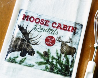 Tea Towel, Moose Flour Sack Dish Towel, North Woods Rustic Lodge Cabin Decor, Woodland Kitchen Towel