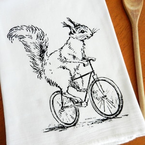 Squirrel Dish Towel, Squirrel Tea Towel, Squirrel Kitchen Towel, Flour Sack Dish Towel, Squirrel Riding a Bike, Farmhouse Kitchen