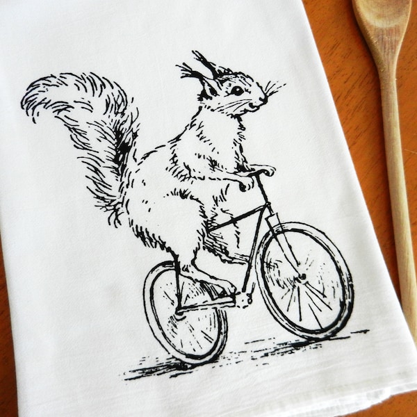 Squirrel Dish Towel, Squirrel Tea Towel, Squirrel Kitchen Towel, Flour Sack Dish Towel, Squirrel Riding a Bike, Farmhouse Kitchen