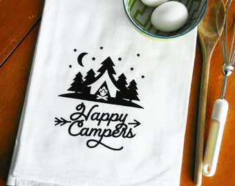 Happy Campers Dish Towel, Screen Printed Flour Sack Dish Towel, Farmhouse Kitchen Towel, Happy Campers Tea Towel, Camping Decor