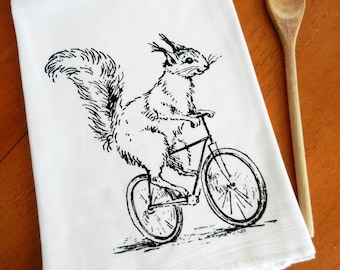 Squirrel Dish Towel, Squirrel Tea Towel, Squirrel Kitchen Towel, Flour Sack Dish Towel, Squirrel Riding a Bike, Farmhouse Kitchen