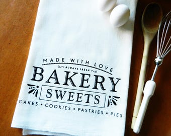 Tea Towel, Bakery Sweets Screen Printed Flour Sack Dish Towel, Foodie Gift, Baker Gift, Farmhouse Decor, Farmhouse Kitchen