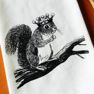 Kitchen Towel, Squirrel Wearing a Crown, Screen Printed Flour Sack Towel, Hand Printed Tea Towel, Dish Towel, Woodland, Farmhouse image 1