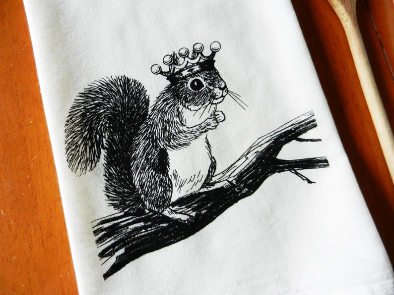Kitchen Towel, Squirrel Wearing a Crown, Screen Printed Flour Sack Towel, Hand Printed Tea Towel, Dish Towel, Woodland, Farmhouse image 1