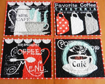 Quilted Placemats, Coffee Theme Set of 4 Cotton Quilted Placemats, Coffee Shop, Cafe