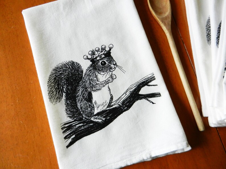 Kitchen Towel, Squirrel Wearing a Crown, Screen Printed Flour Sack Towel, Hand Printed Tea Towel, Dish Towel, Woodland, Farmhouse image 4