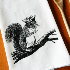 Kitchen Towel, Squirrel Wearing a Crown, Screen Printed Flour Sack Towel, Hand Printed Tea Towel, Dish Towel, Woodland, Farmhouse image 2