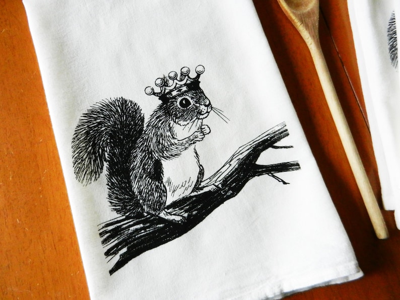Kitchen Towel, Squirrel Wearing a Crown, Screen Printed Flour Sack Towel, Hand Printed Tea Towel, Dish Towel, Woodland, Farmhouse image 2