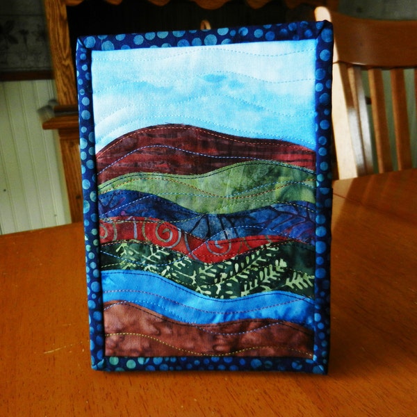 Landscape Art Quilt Mini 5 x 7", Batik Landscape displays on an easel-type picture frame