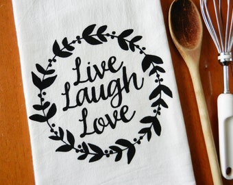 Paño de cocina, paño de saco de harina estampado, cocina rústica, paño de cocina estilo campestre chic "Vive, ríe, ama", paño de cocina estampado a mano
