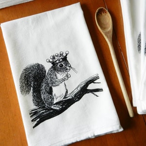 Kitchen Towel, Squirrel Wearing a Crown, Screen Printed Flour Sack Towel, Hand Printed Tea Towel, Dish Towel, Woodland, Farmhouse image 5