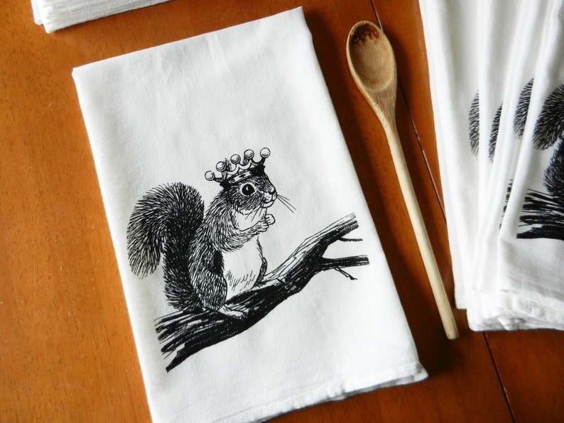 Kitchen Towel, Squirrel Wearing a Crown, Screen Printed Flour Sack Towel, Hand Printed Tea Towel, Dish Towel, Woodland, Farmhouse image 5