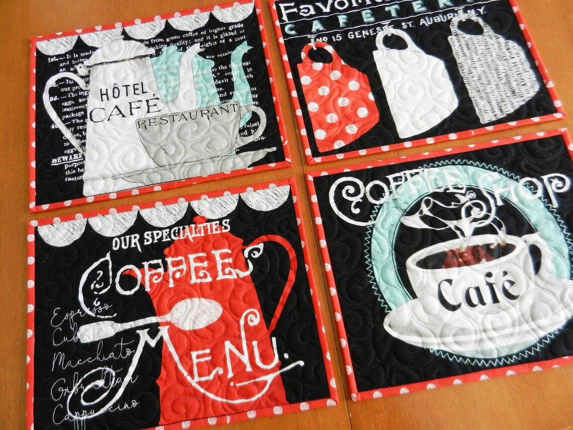 Quilted Placemats Coffee Theme Set of 4 Cotton Quilted Etsy