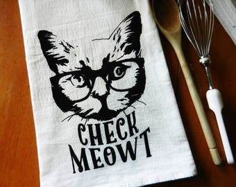 Kitchen Towel Cat Wearing Glasses, Screen Printed Tea Towel, Kitchen Towel, Cat Tea Towel, Check Meowt, Dish Towel, Farmhouse Decor