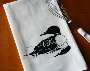 Flour Sack Dish Towel, Loon Tea Towel, Screen Printed Common Loon Bird