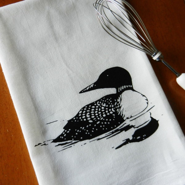 Flour Sack Dish Towel, Loon Tea Towel, Screen Printed Common Loon Bird