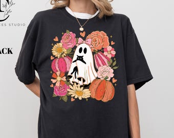 Floral Ghost Black Cat Comfort Colors® Shirt, Halloween Black Cat Shirt, Spooky Wildflower Ghost Halloween Tee Shirt, Womens Fall Tee Shirt
