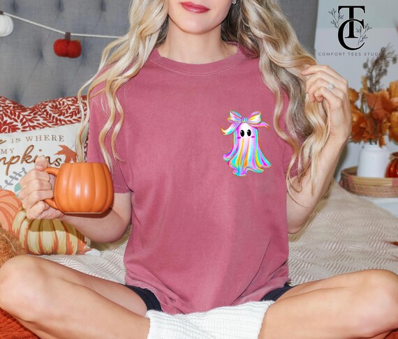 Comfort Colors® Coquette Ghost Girly Halloween Tee Shirt, Pink Coquette Bow Halloween Shirt, Womens Halloween Shirt, Spooky Season Boo Shirt
