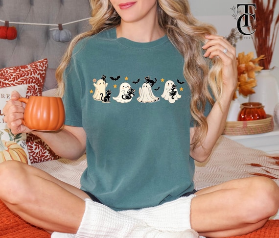 Ghost Black Cat Comfort Colors® Shirt, Spooky Season Halloween Ghost Cat Tee Shirt, Halloween Cat Shirt, Fun Cat Lover Shirt, Halloween Gift