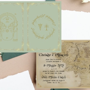 LOTR 編集可能な結婚式の招待状ロード オブ ザ リング、ドゥリンの門、イーブンスター、ミナス ティリス、中つ国の内部地図