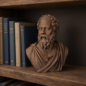 Può includere: Un busto monocromatico marrone di un uomo barbuto con capelli ricci, che indossa un indumento drappeggiato sulle spalle. La scultura è posizionata accanto a una fila di quattro libri con copertina rigida dai dorsi blu e beige su uno scaffale in legno.