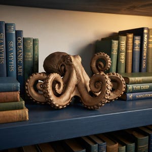 Puede incluir: Una figura de pulpo color bronce con ventosas detalladas en sus tentáculos curvados. La escultura está colocada en el centro, rodeada de varios libros de tapa dura con lomos titulados Sea Myths, Oceanic Art, The Deep y Navigator's Log.