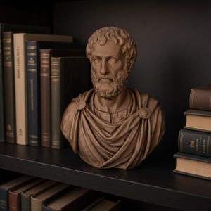 Può includere: Un busto monocromatico marrone di un uomo barbuto con capelli ricci, che indossa un indumento drappeggiato fissato con spille circolari sulle spalle. La scultura è posizionata su uno scaffale tra pile di vari libri con copertina rigida.