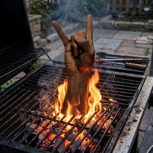 Könnte beinhalten: Ein Metallgrill mit einer Hand, die das Rock'n'Roll-Handzeichen aus den Flammen macht. Die Hand ist braun bemalt. Der Grill ist mit heißer Kohle und Flammen gefüllt.