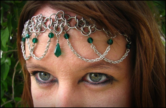 The Emerald Green crystal Flowerette chainmail headband/choker | Etsy