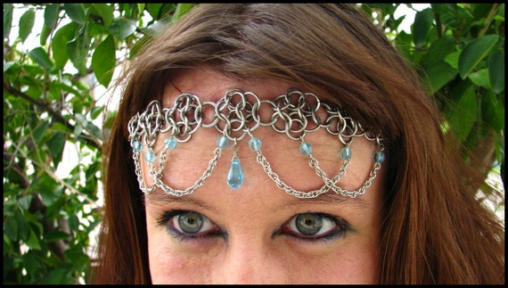 The Aqua Blue Flowerette chainmail headband/choker crown | Etsy