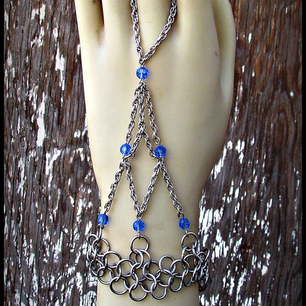 Chainmail handweb handflower slave bracelet stainless steel Sapphire Blue