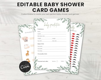 May include: Three printable baby shower game cards with a green leafy border. The cards are titled "Do You Know All", "Baby Prediction", and "Daddy Sentences?" The cards are customizable and can be used to create your own baby shower games.