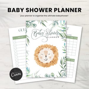 Könnte beinhalten: Druckbarer Babyparty-Planer mit einer Löwenillustration und grünem Laub. Der Planer enthält Abschnitte für die Gästeliste, das Essen und die Aktivitäten.