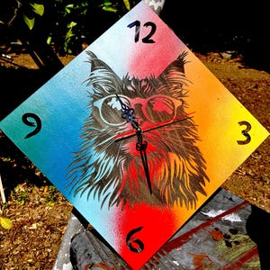 Cool Cat Clock vibrant multi-colored timepiece one of a kind handmade clock silent timepiece diamond shaped bright blue, red, yellow